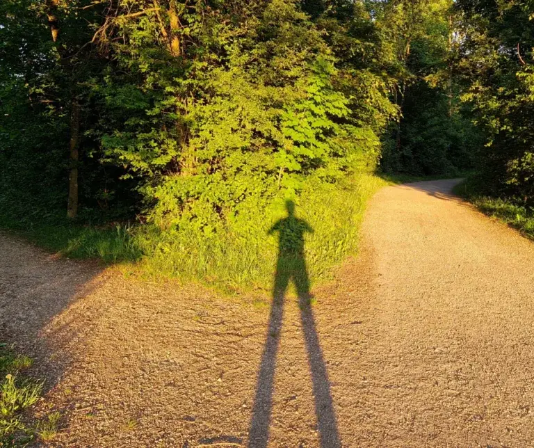 shadow of a man standing between two roads, thinking which one to take?